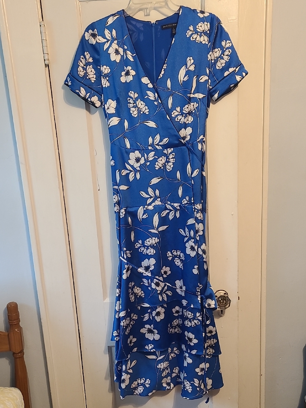 White House Black Market Blue and White Floral Wrap Midi Dress